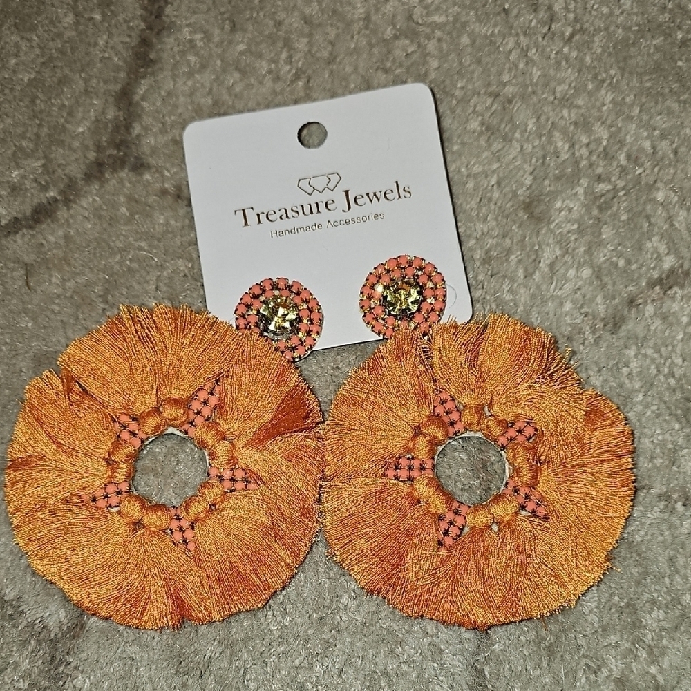 Over Sized Orange Round Stone Tassel Fringe Pageant Earrings